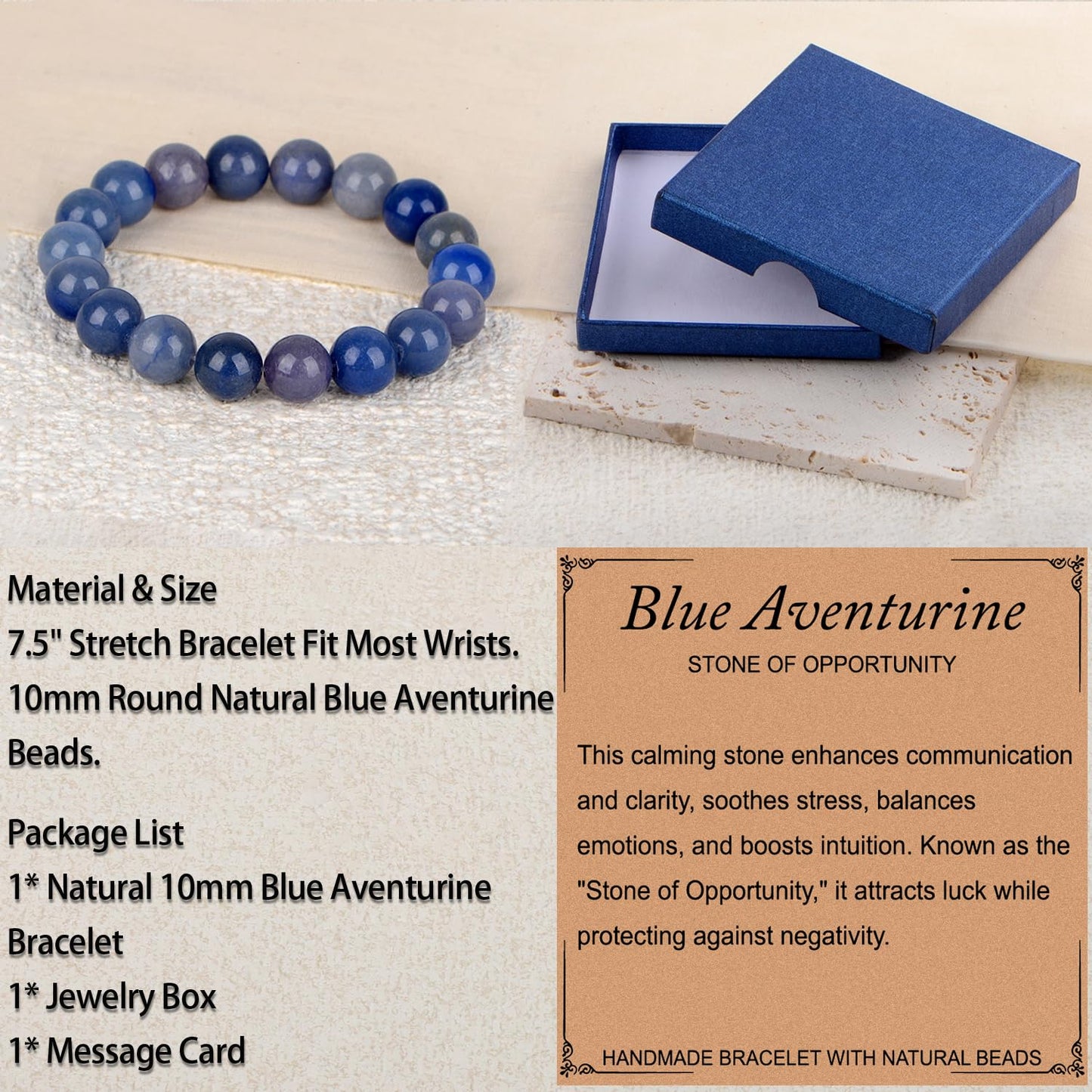 LPBeads Handmade Natural Gemstone Stretch Elastic 10mm Blue Aventurine Bracelet Healing Crystal Round Stone Beads Jewelry Gifts for Women Men