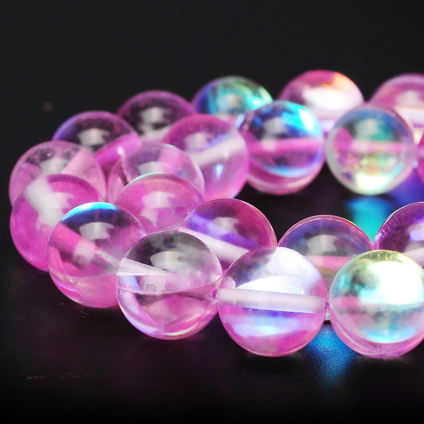RUBYCA Round Moonstone Crystal Glass Beads Aura Iridescent for Jewelry Making (1 Strand, 6mm, Pink)