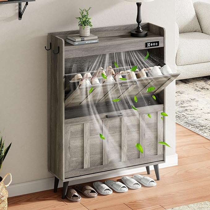 ChooChoo Shoe Storage Cabinet with 2 Flip Drawers, Deodorizing Shoe Organizer Storage for Entryway, Freestanding Hidden Slim Narrow Shoe Rack Cabinet, Grey