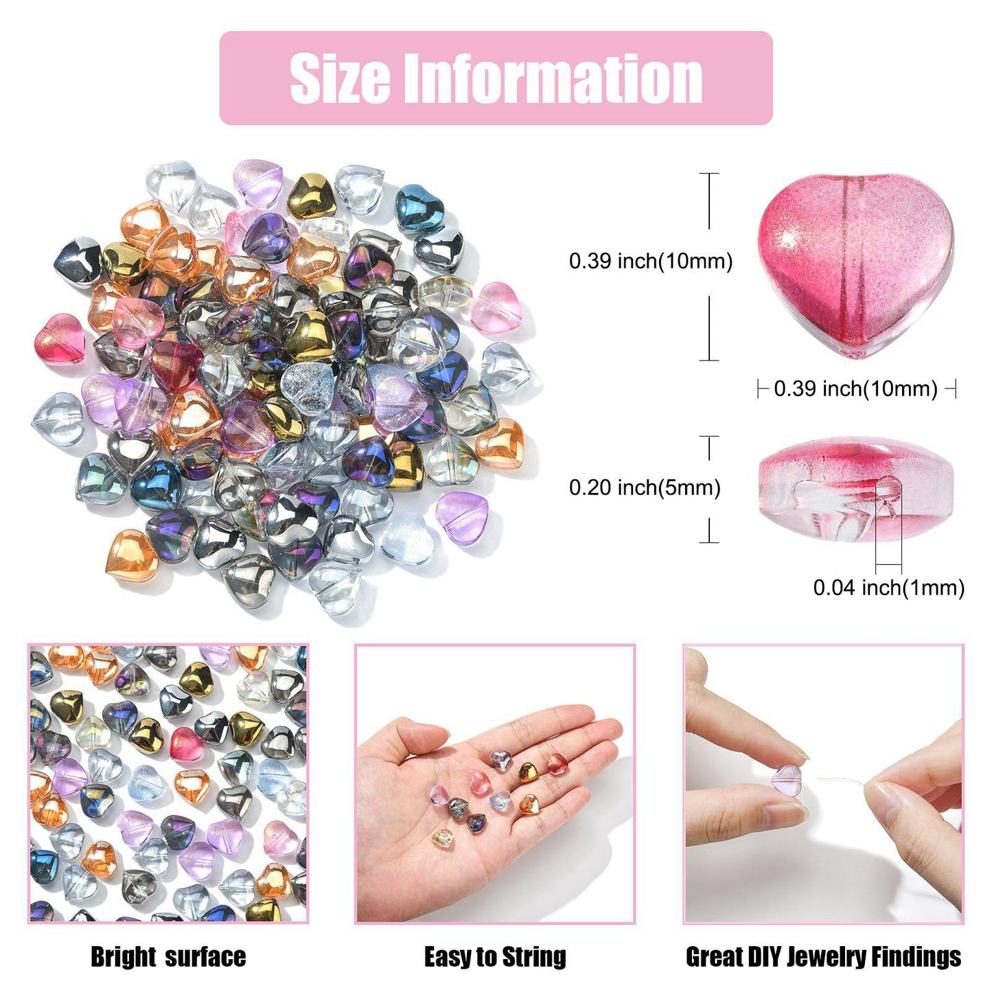 UR URlifehall 100 Pcs Heart Electroplate Transparent Glass Beads with Glitter Gold Colorful Heart Shaped Glass Beads for Keychain Jewelry Making