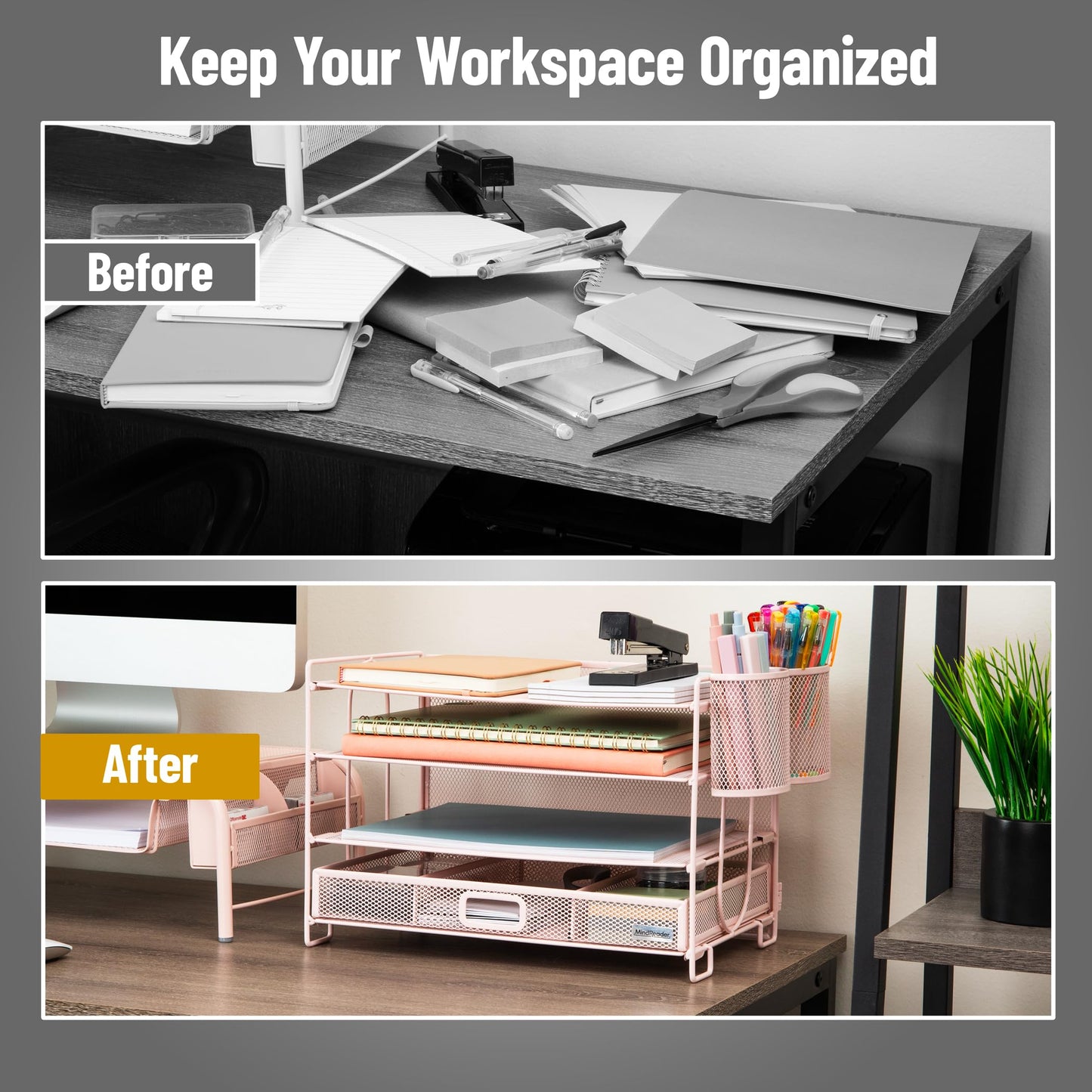 Mind Reader Mesh Desk Organizer, 3 Trays, 1 Drawer, 2 Pen Holders, Office Desktop Organizer, Metal Mesh, Pink