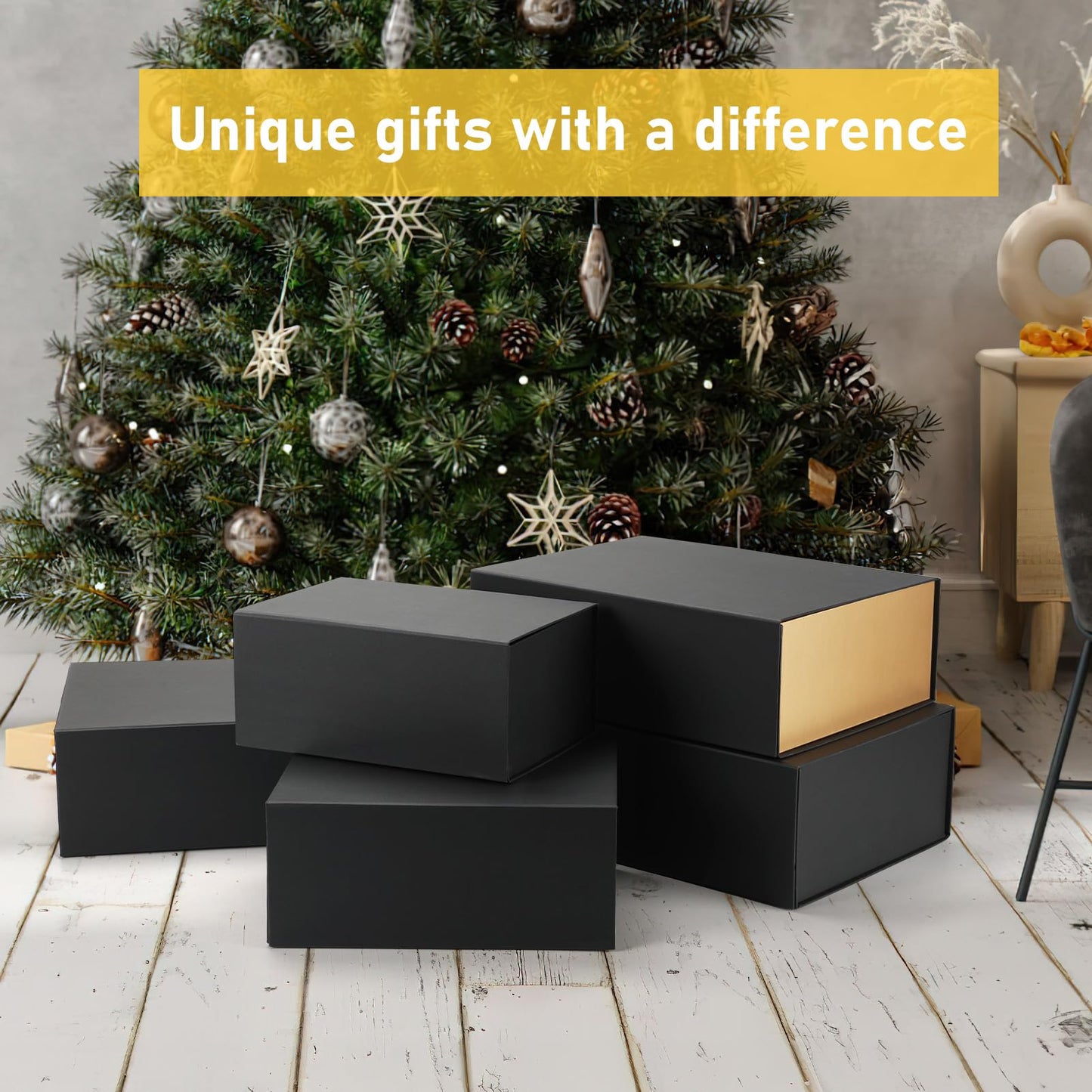 Ditwis 12x9x4 Inches Gift Box with Magnetic Closure Lid, Black-Gold Magnetic Box for Wedding, Groomsmen Bridesmaid Proposal, Birthdays, Mother's Day