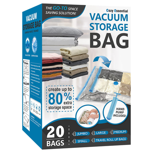 Cozy Essential Vacuum Storage Bags, 80% Compression Vacuum Seal Space Saver Plastic Packaging Bags for Clothes, Blankets, Pillow, Bedding, Comforters, Sealer Clothing Storage,20 Combo