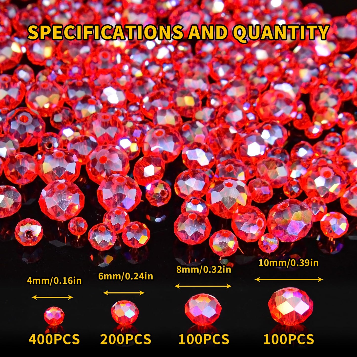 Laopottbeads 800Pcs 4/6/8/10mm Crystal Glass Beads for Jewelry Making Beads for Bracelets Necklace Pendants Making Supplies(Red)