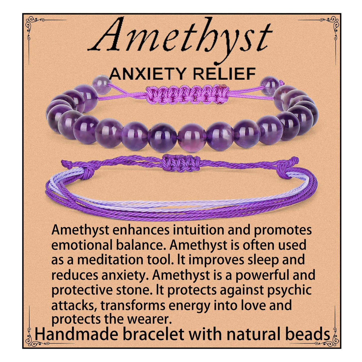 LPBeads 8mm Purple Amethyst Bracelet with Handmade Rope Bracelet Size Adjustable Natural Stone Crystal Healing Bracelets Gifts for Unisex Adults