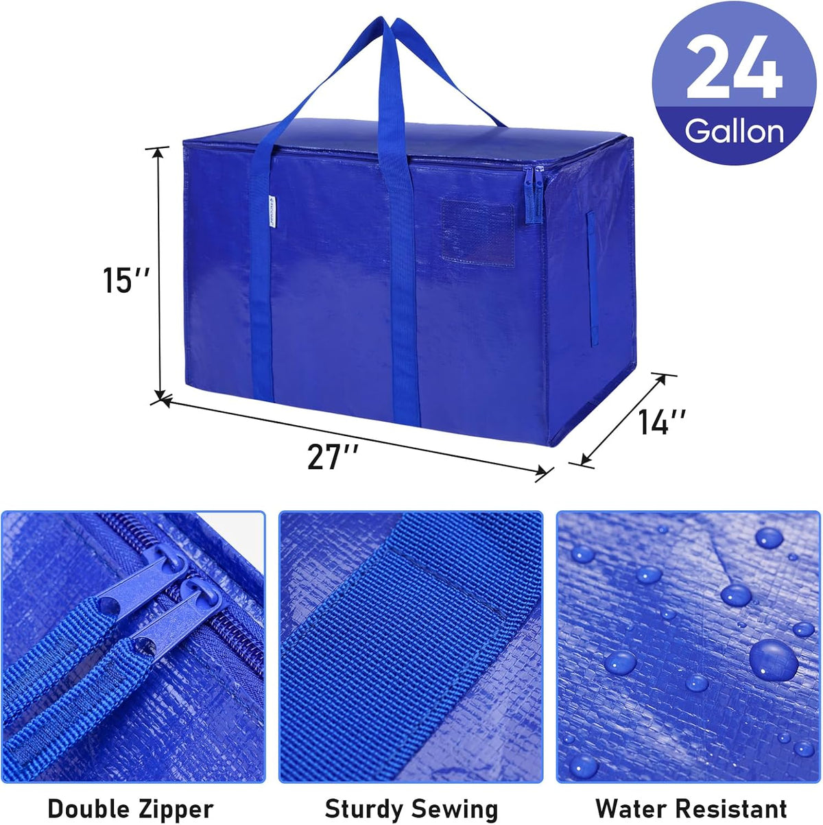 TICONN Extra Large Heavy-Duty Moving Bags - Durable Storage with Zippers & Handles | 2 Pack, Blue