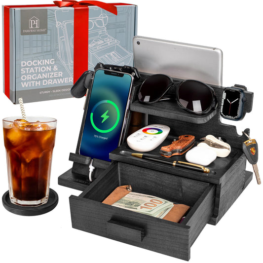 Parkway Home Black Wood Phone Docking Station with Drawer, Compatible with Apple Watch - Wood Charging Station Organizer Stand, Bedside Nightstand Organizer for Men, Holds, Tablet, Glasses, Keys, EDC