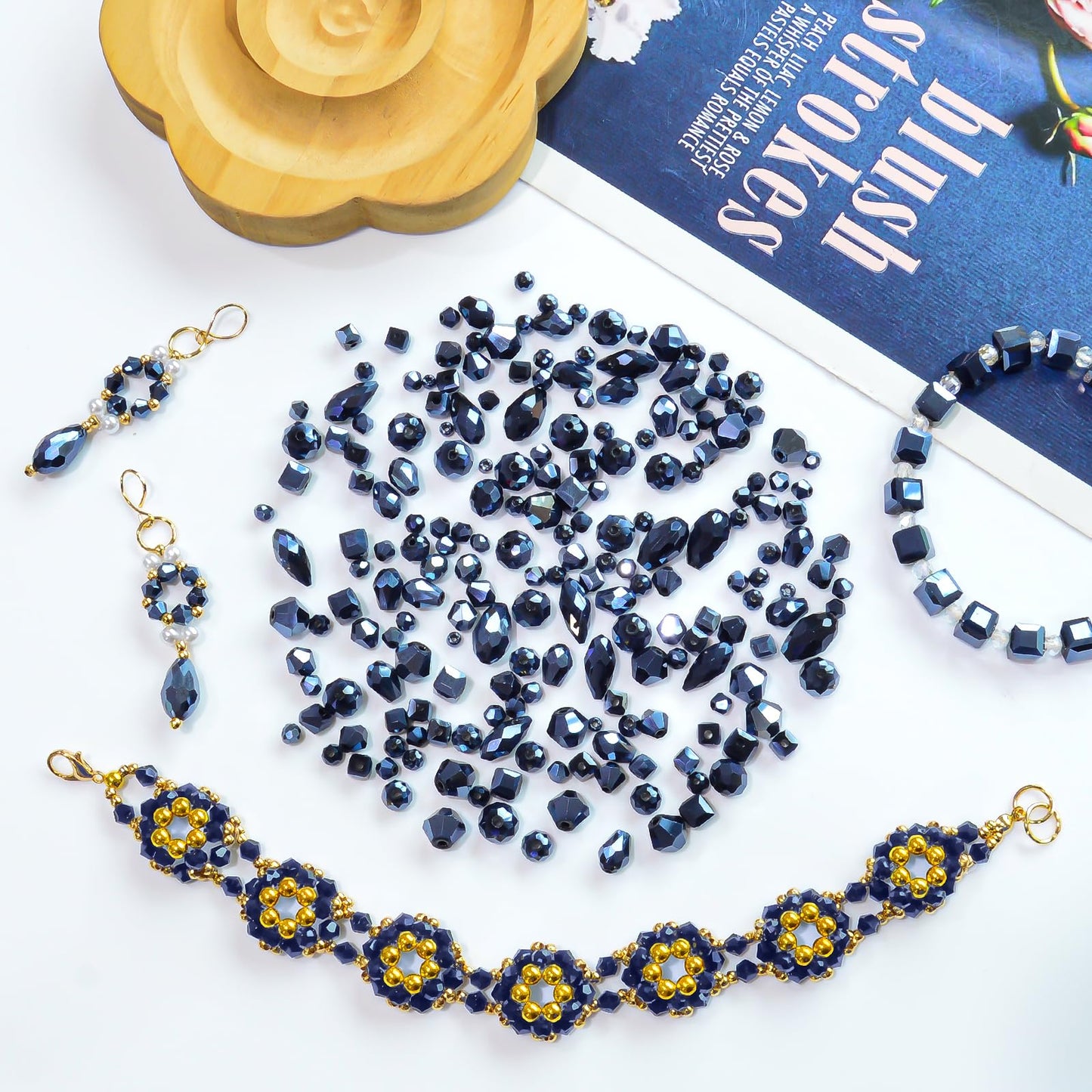 Laopottbeads 1500 Pcs Crystal Glass Beads for Jewelry Making – 12 Styles Bicone, Rondelle, Cube, Teardrop & 3mm Spacer Beads, DIY Bracelet Necklace Earring Craft Kit with Organizer Box(Vavy Blue)
