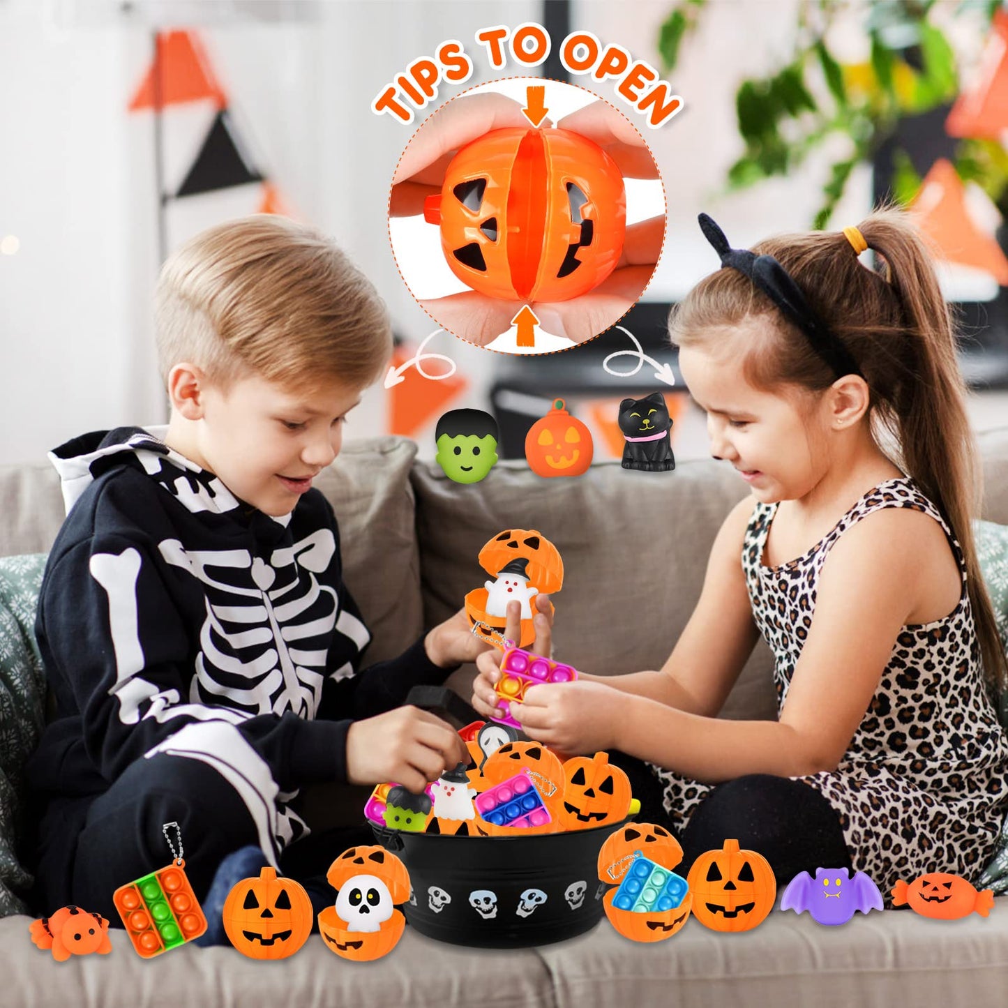 48 Halloween Toys Pack with Pumpkin Box, Halloween Party Favors Gifts for Kids, Squishy Mochi Toys in Bulk with Bubble Push it Keychain, Halloween Treat Bags Fillers, Trick or Treat Classroom Prizes
