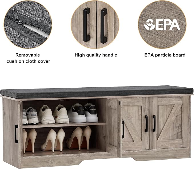 HOMSHO 2-Tier Storage Bench, 47.2" Wide Shoe Bench with Padded Seat Cushion, Entryway Bench with 4 Barn Doors and Adjustable Shelf, Greige