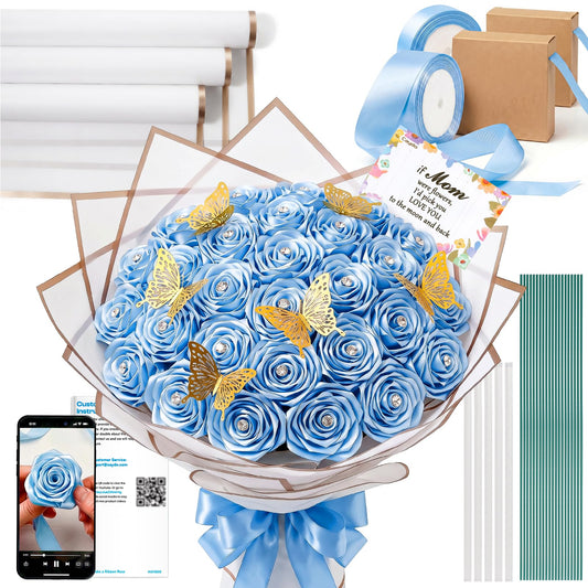 Caydo Sky Blue Ribbon Rose Bouquet for 2026 Graduation Gifts, 91PCS Ribbon Flower Making Kit with Floral Stem Wire, Wrapping Paper, Glue Stick, 3D Butterfly & Diamond Pins