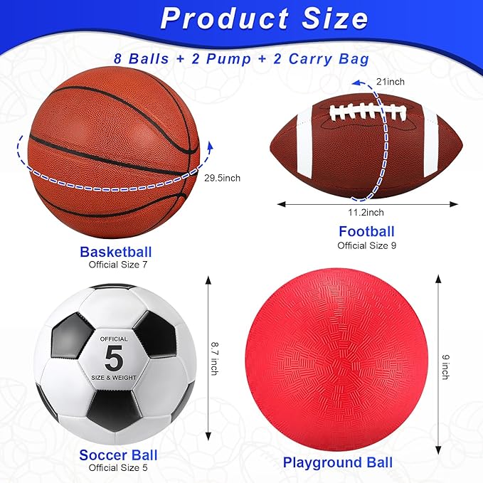 Deekin 8 Pcs Sports Balls Set for Adult Assorted Football Basketball Soccer Playground Balls Official Size with Bags Pumps Outdoor Sports Equipment Athletic Gift