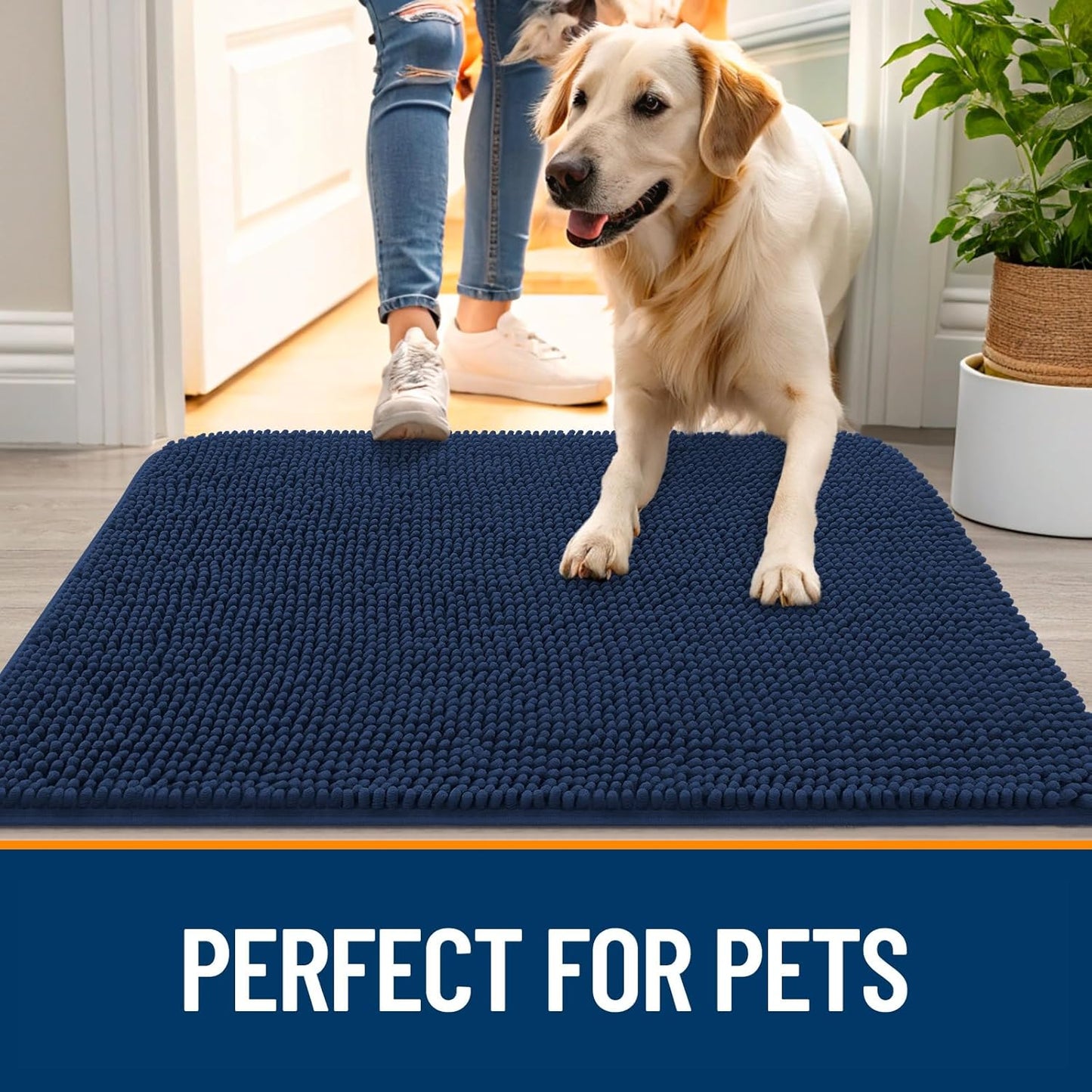 OLANLY Dog Door Mat - Absorbent Non-Slip Chenille Mat for Muddy Paws | 30x20 Dark Blue Quick Dry Doormat