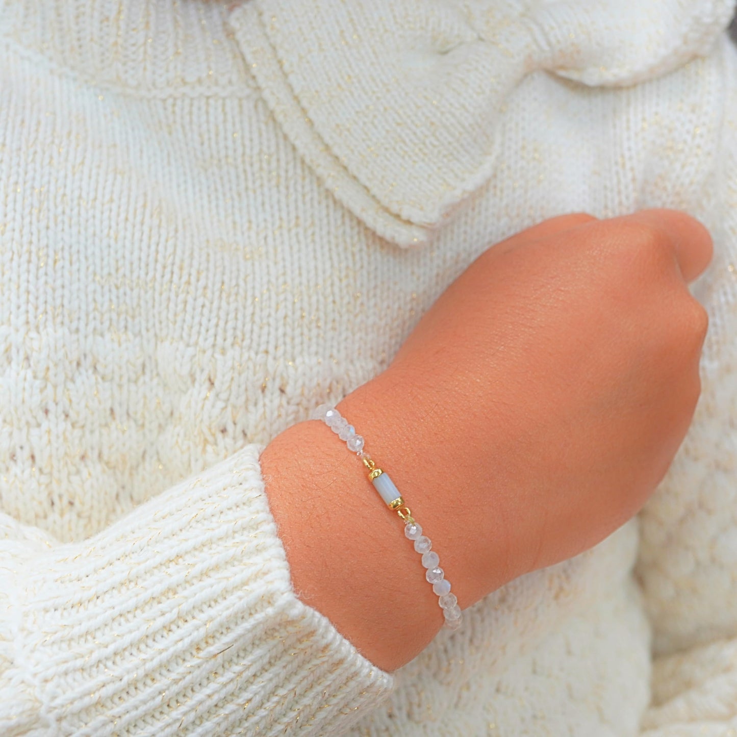 Moonstone Bracelet Birthday Gift for Girls, Toddler Bracelet with Certified 925 Sterling Silver 18K Gold Vermeil Moonstone Crystal Barrel Charm - Natural Organic Gift