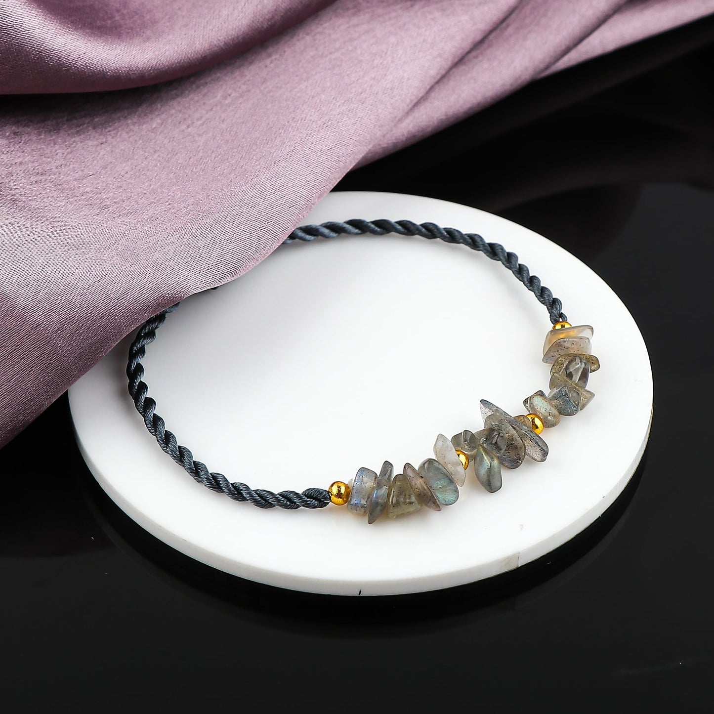 GEMSYMPHONY Labarodite Gemstone Chips Rope Bracelet – Adjustable Handmade Crystal Chip Bead Bracelet for Women & Men, Natural Stone Healing Jewelry, Boho Style, Unisex Spiritual Gift (Labarodite)
