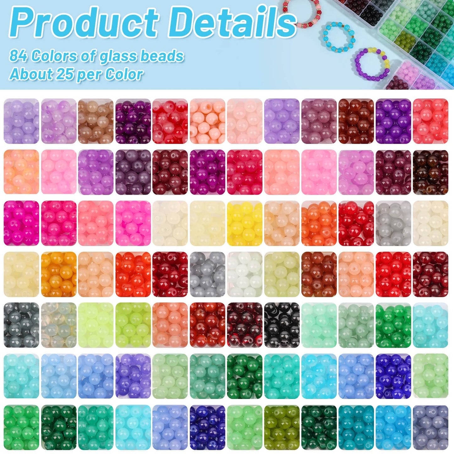 shynek 2100 Pieces 8mm Round Glass Beads for Bracelets, 84 Colors Crystal Glass Beads for Jewelry Making and DIY Crafts