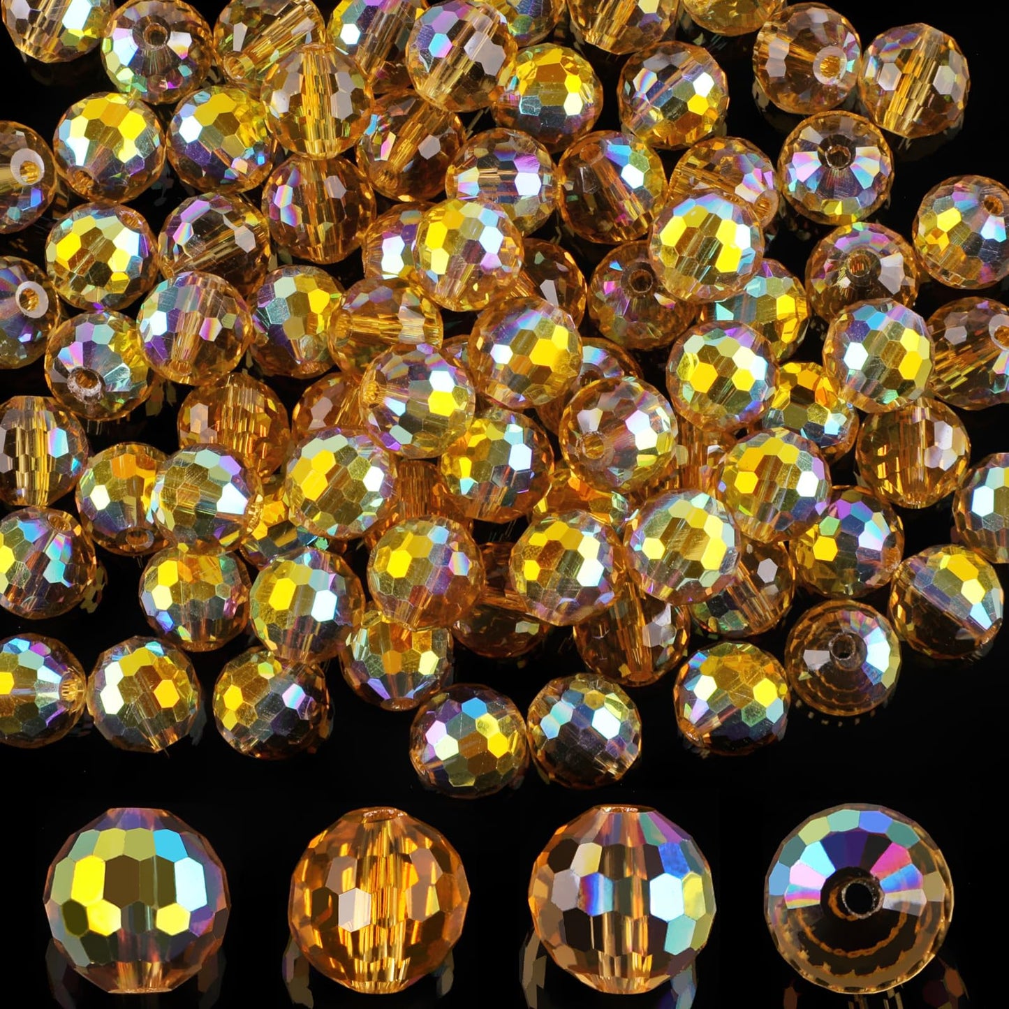 Crystal Glass Beads for Jewelry Making, 80 Pieces Crystal Beads, 10mm Glass Beads, Round Faceted Beads Bulk for Craft Necklace Bracelet Earring (Gold)