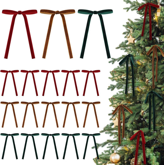 Skiennix Velvet Christmas Tree Bows - Vintage Ribbon Craft Decorations | 24 Pcs, 5x7 Inch, Dark Red & Green
