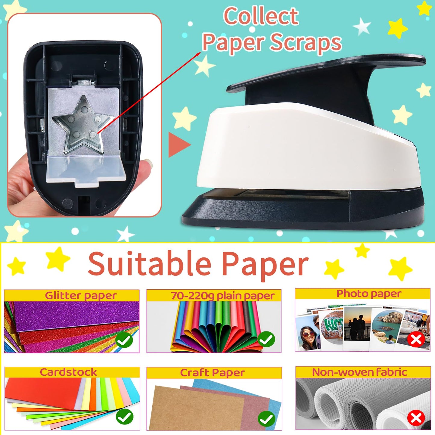 Star Hole Punch, Star Punches for Paper Crafts, Stars Paper Puncher Shape, 1 inch Stars Punch for Crafting, Large Hole Puncher, Scrapbook Punches 2 in, 1.5 in, 1 in, 5/8 in, 3/8 in - 5 Pcs