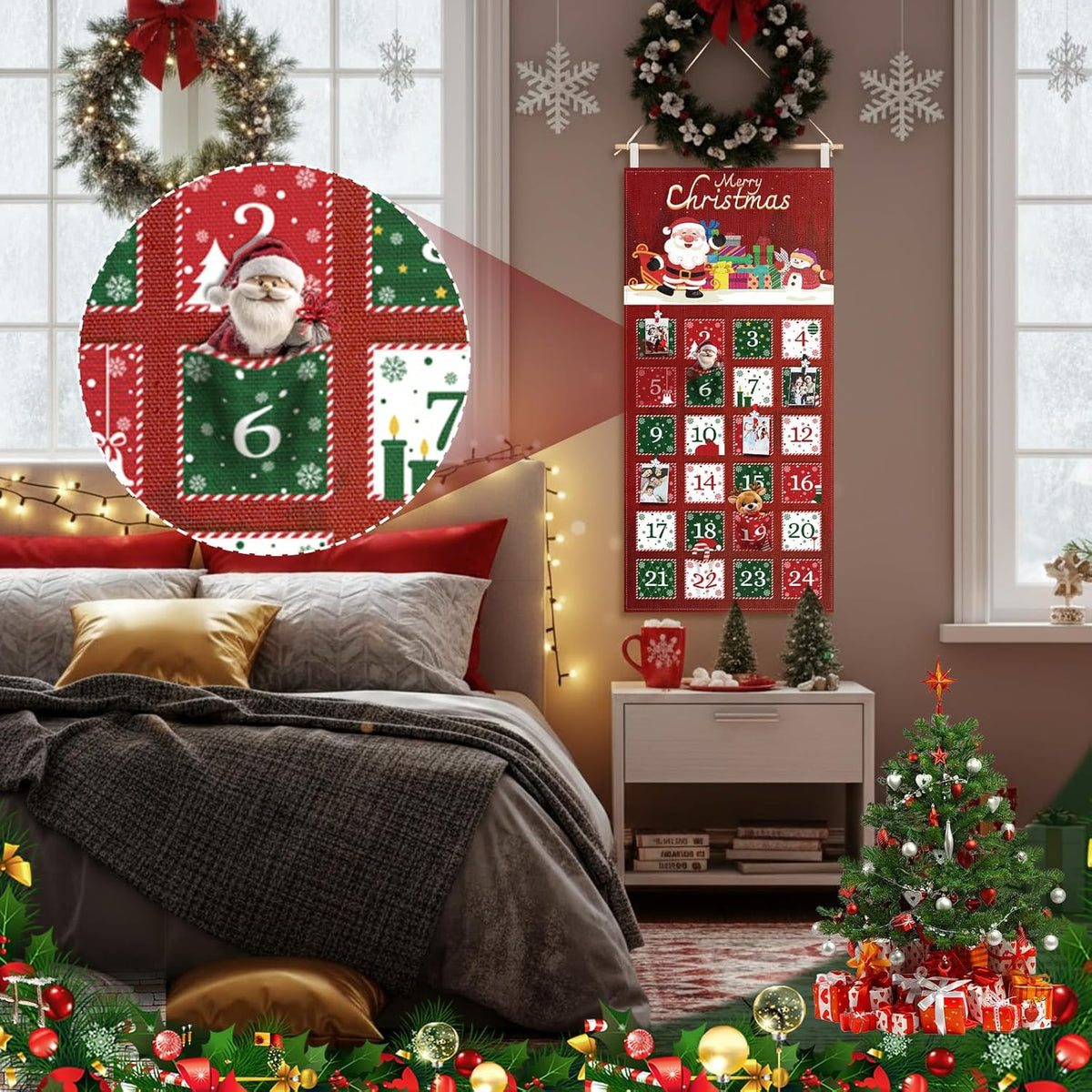 Weysat Christmas Fabric Advent Calendar - Reusable 24-Day Countdown Wall Hanging with Pockets & Clips | Santa Claus Design