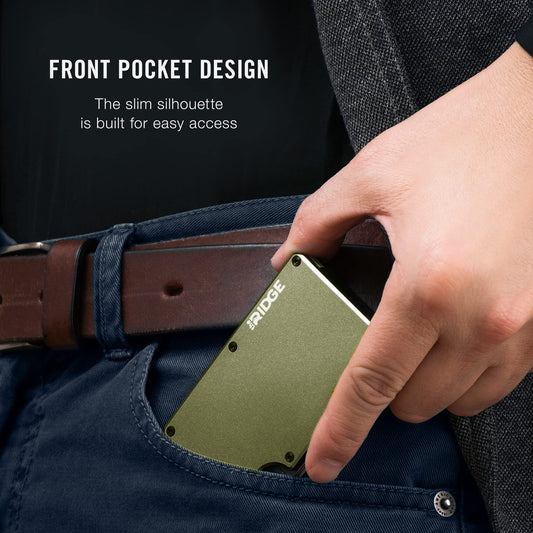 Ridge Wallet for Men - Slim Minimalist Compact Wallet and Card Holder, RFID Protected Front Pocket Wallets for Men with Integrated Cash Strap (Matte Olive)
