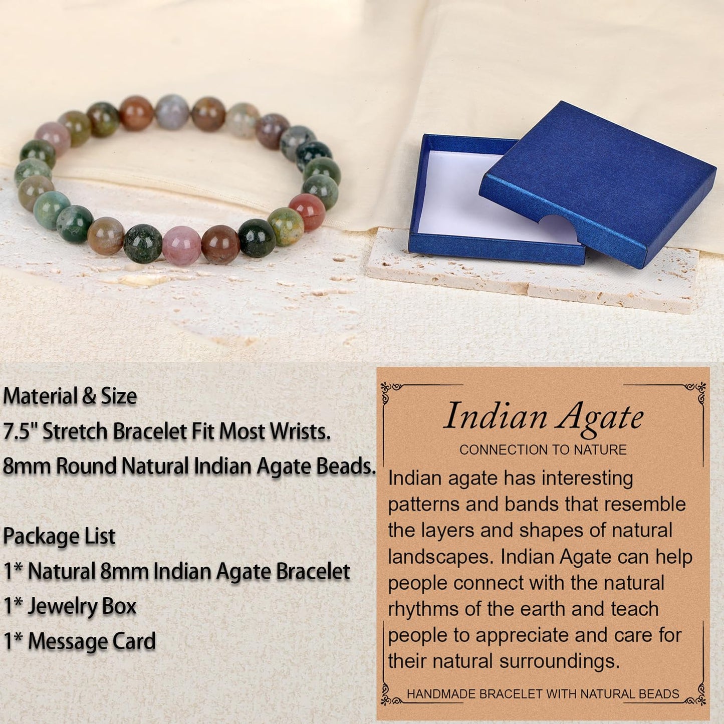 LPBeads Handmade Natural Gemstone Stretch Elastic 8mm Indian Agate Bracelet Healing Crystal Round Stone Beads Jewelry Gifts for Women Men