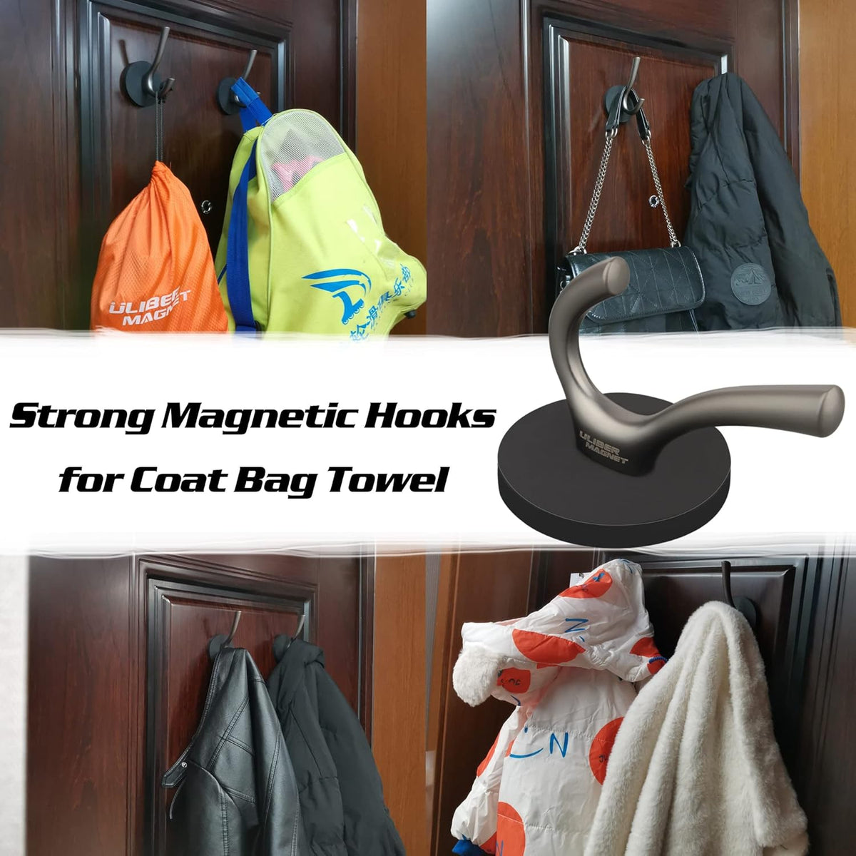 ULIBERMAGNET Strong Magnetic Double Hooks - Heavy Duty Coat Hangers, 2 Pack, Brushed Nickel Finish