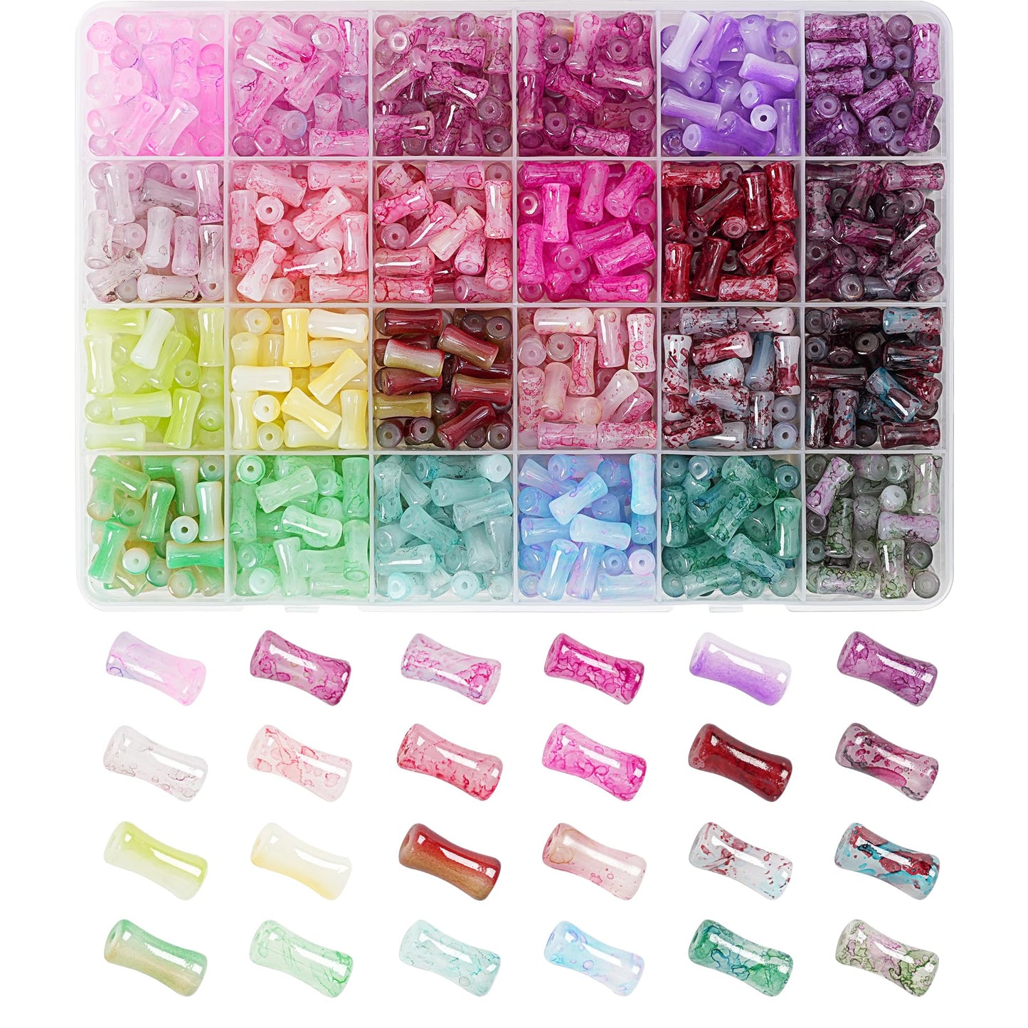 REVKI 6 * 12mm Glass Beads Bracelet Making Kit for Kids,600pcs 24 Colors Natural Bamboo Crystal Beads for Jewelry Making,Glass Beads for DIY Necklace Crafts