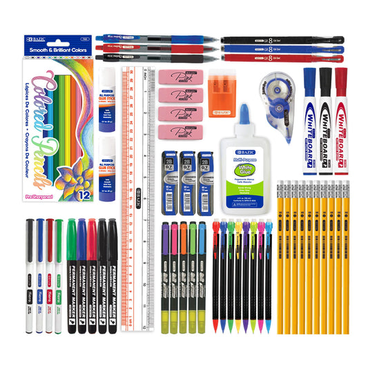 BAZIC PRODUCTS School Supplies Kit – 66 Piece Set for K–12 Students, Stationery Essentials with Colored Pencils, Markers, Pencils, Glue, Erasers, Highlighters, & Correction Tape, 1-Pack