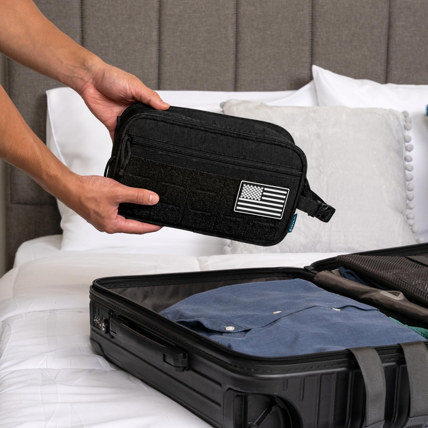 PAVILIA Tactical Toiletry Bag for Men, Travel Hygiene Bag, Military Gear Dopp Kit, Water Resist Molle Accessories Pouch, Mens Shaving Essentials, Gym Bathroom Shower Small Toiletries Tool EDC, Black