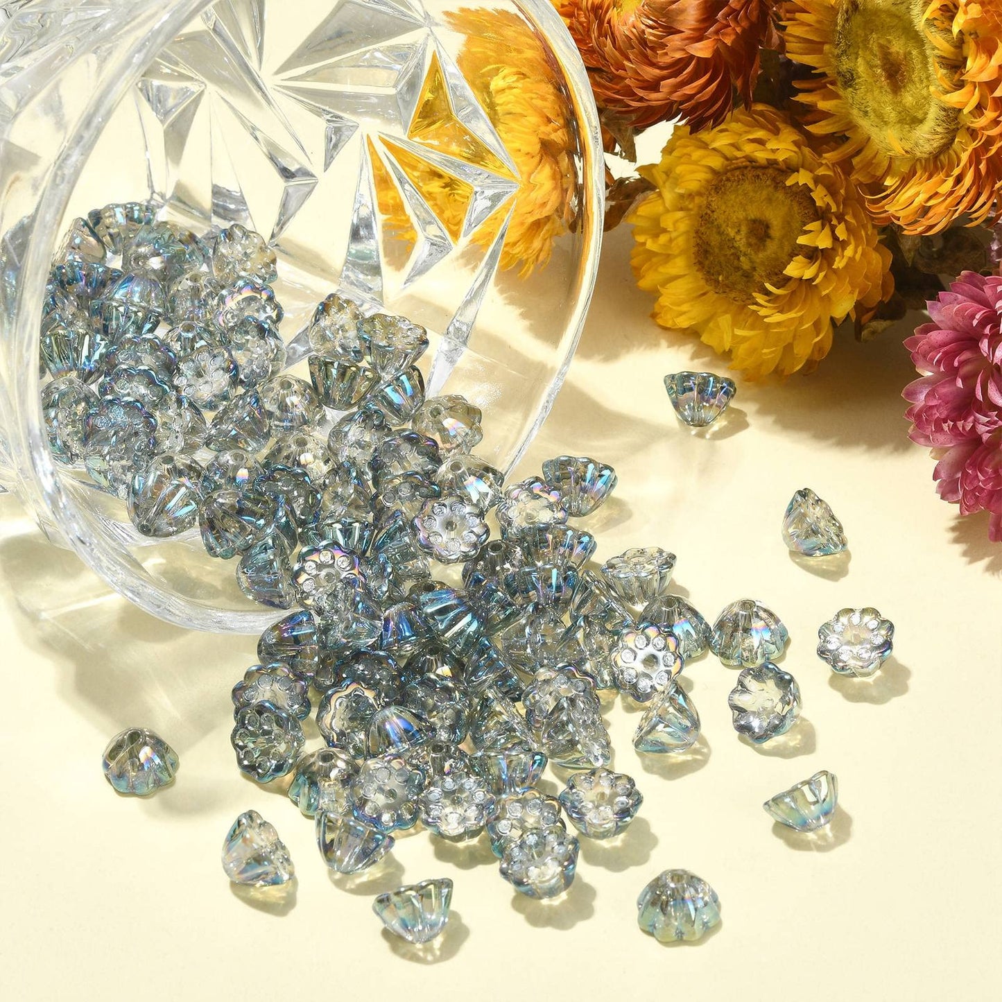LiQunSweet 100 Pcs Transparent Crystal Glass Beads AB Color Plated Flower Lotus Pod Beads for Jewelry Making Bracelets Necklace Earrings