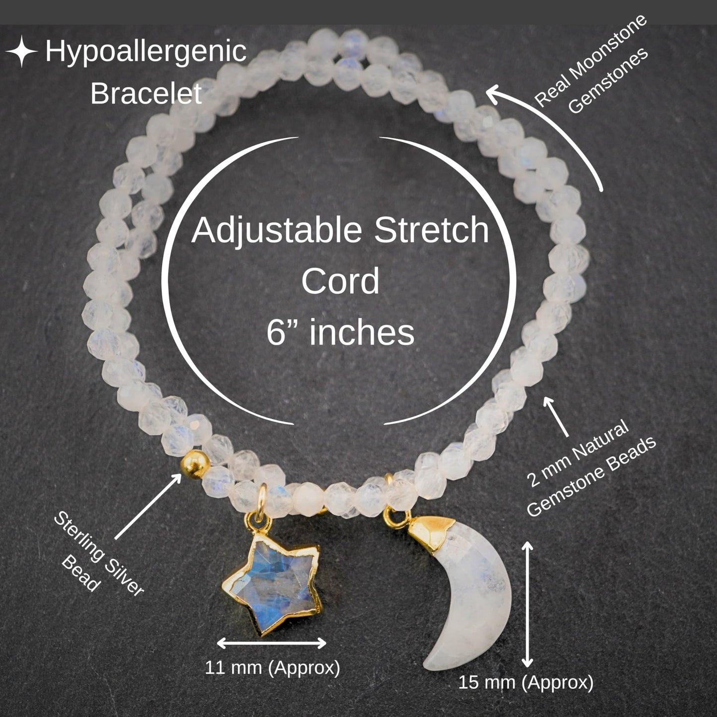 Moonstone Bracelet Birthday Gift for Girls, Toddler Bracelet with Certified 925 Sterling Silver 18K Gold Vermeil Moonstone Crystal Star Charm