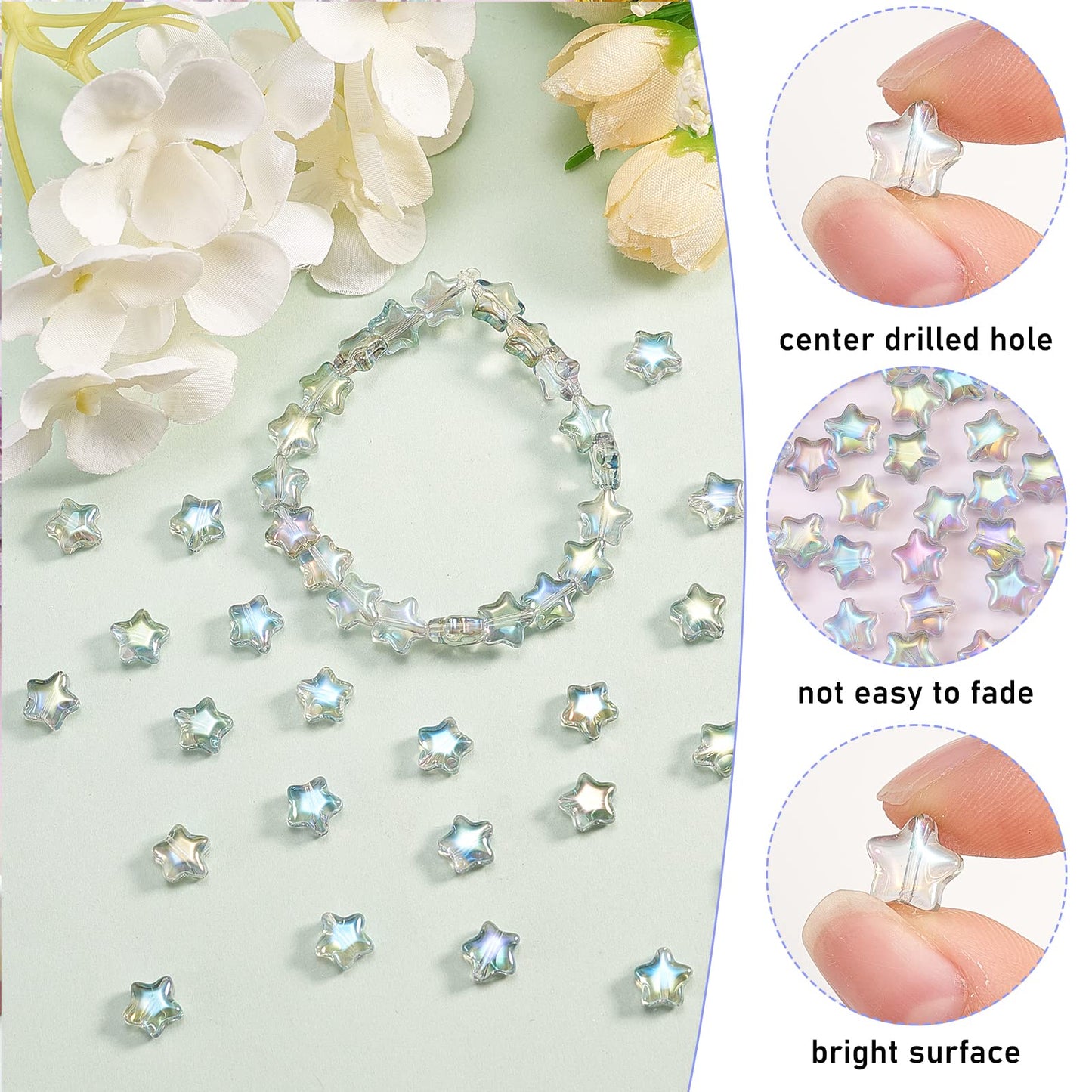UR URLIFEHALL 100 Pcs Spray Painted Glass Star Beads Clear AB Plated Drilled Glass Beads for Earring Bracelet Necklace Jewelry Making