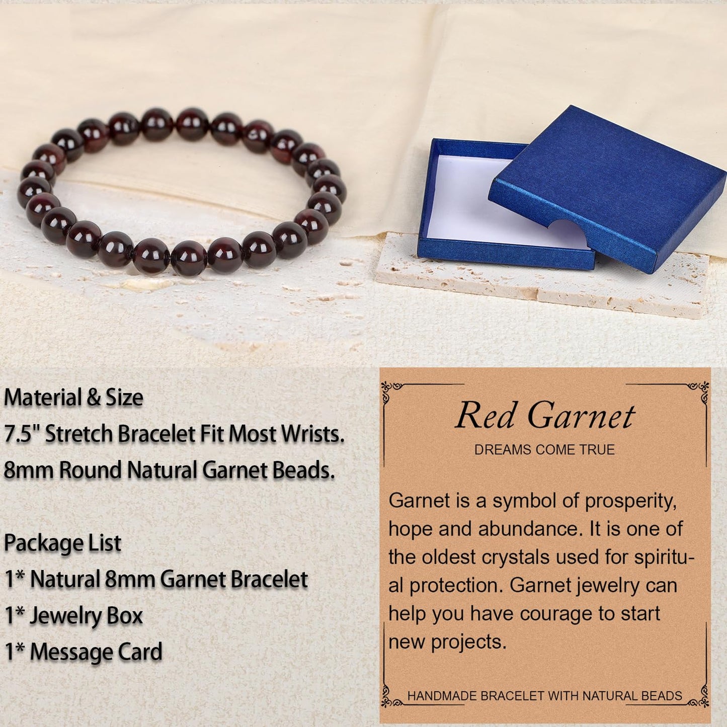 LPBeads Handmade Natural Gemstone Stretch Elastic 8mm Garnet Bracelet Healing Crystal Round Stone Beads Jewelry Gifts for Women Men