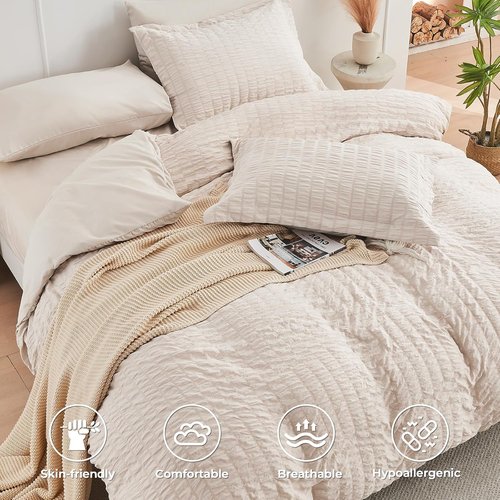 HYMOKEGE King Comforter Set - Beige Oversized 7-Piece Luxury Bedding Set for All Seasons | Includes Comforter, Sheets, Pillowcases & Shams