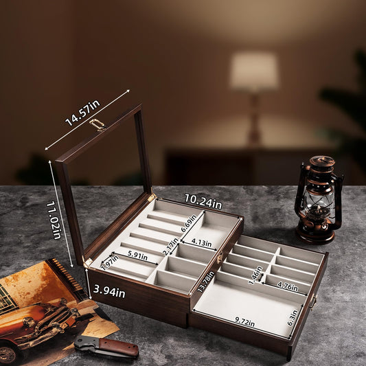 Emfogo Pocket Knife Display Case for Collection of 18-24 Folding Knives, Pocket Case with Real Glass Window Top, Two-Tier Knife Organizer Storage Box, Men's Gift (Walnut)