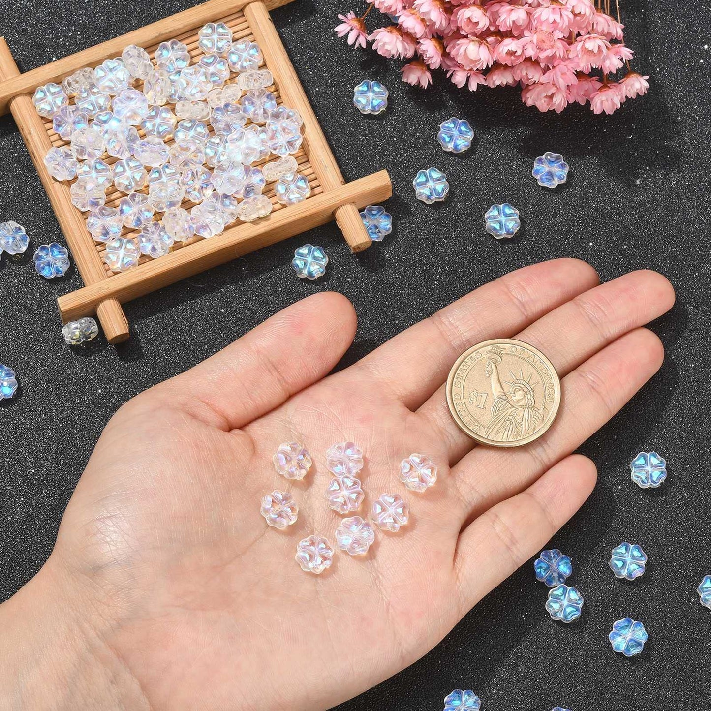 LiQunSweet 100 Pcs Transparent Czech Glass Crystal Loose Beads 4 Leaf Clover Beads Spacer Bulk for Jewelry Making Bracelet DIY