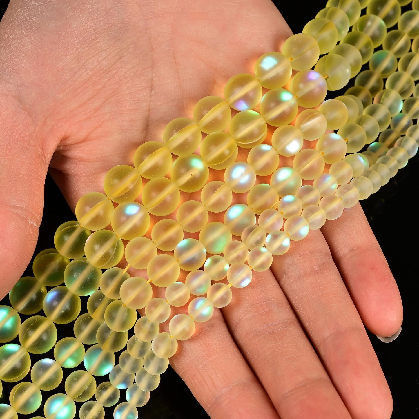 10mm Matte Yellow Mermaid Aurora Crystal Glass Bead, Glitter Round Synthetic Moonstone Beads for Jewelry Making Bracelets