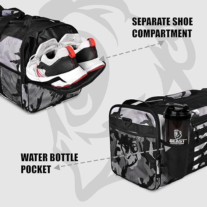Unisex Duffel Bag Gray Camo, Extra Roomy Waterproof Gym Bag For Women with Shoe Compartment, Sports Bag with Zippered Pockets, Adjustable Strap