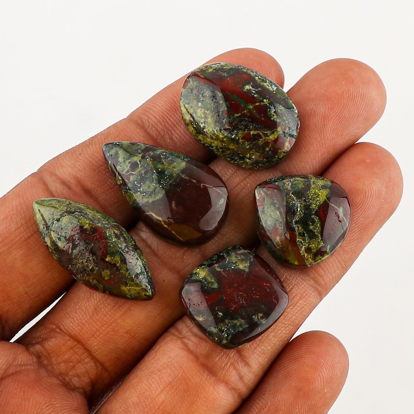 CRYSTALINES (5pcs Natural Bloodstone Jasper Gemstone Cabochon, Bulk Polished Stones, Chakra Healing Crystals, DIY Jewelry Making, Wholesale Loose Supplies, Wire Wrapping, Gem Collection