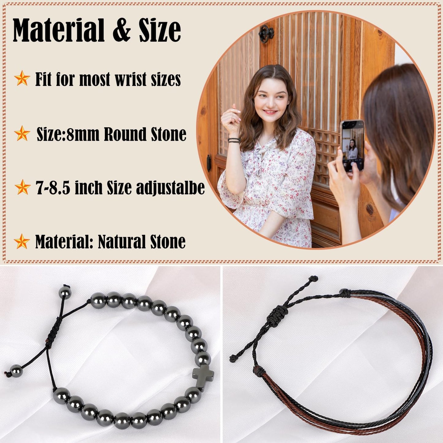 LPBeads 8mm Hematite Cross Bracelet with Handmade Rope Bracelet Size Adjustable Natural Stone Crystal Healing Bracelets Gifts for Unisex Adults