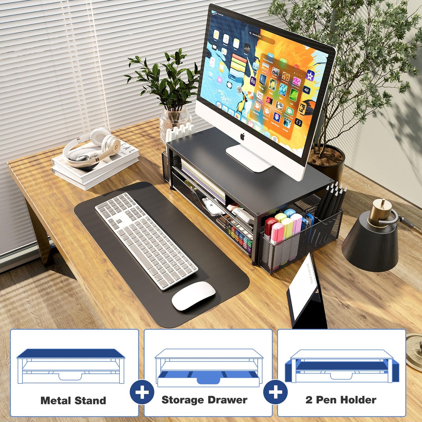 OPNICE Desk Organizer and Accessories, 2-Tier Computer Monitor Stand Riser with Drawer and 2 Pen Holders, Laptop Stand, Office Desk Accessories for Office Supplies, Black