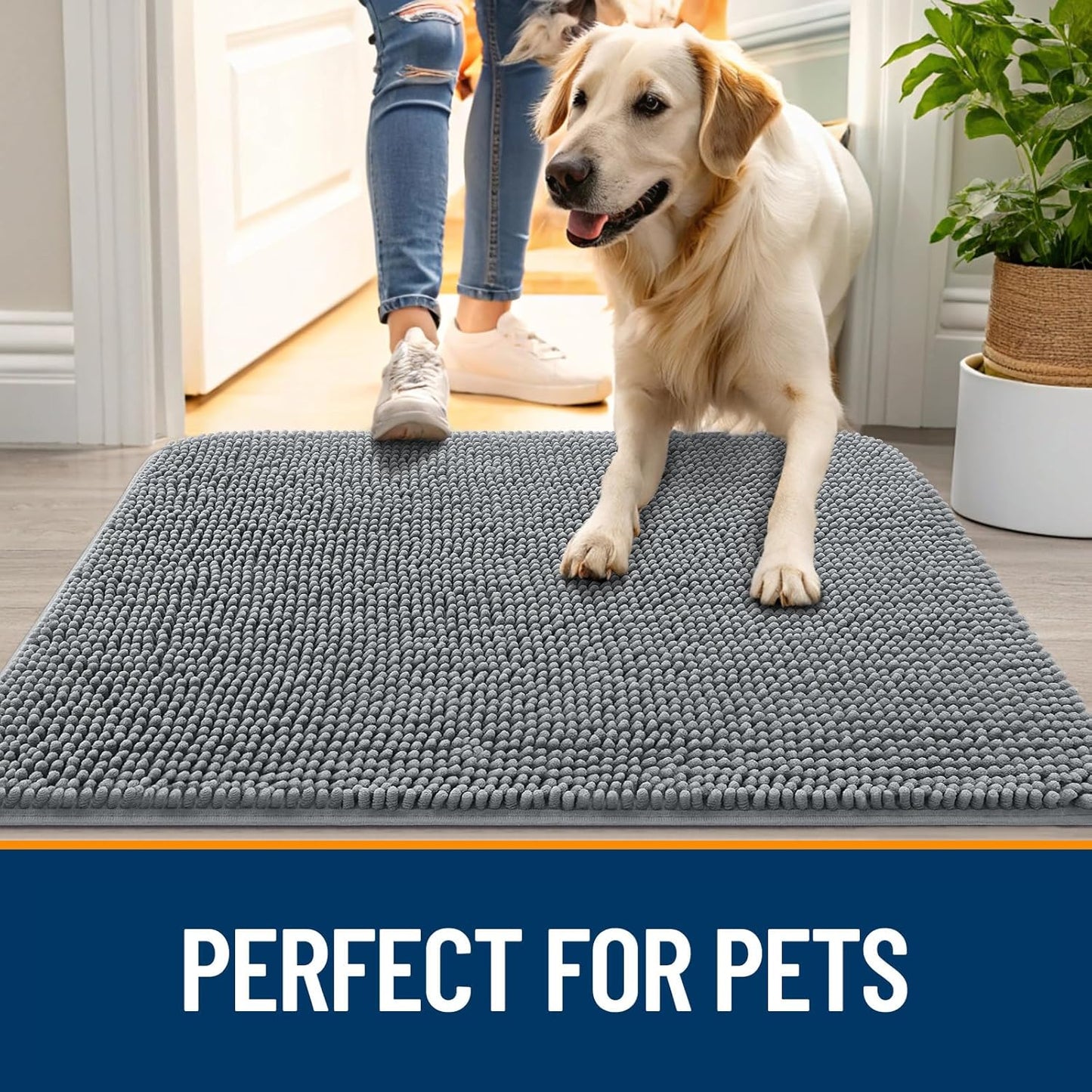 OLANLY Dog Door Mat - Absorbent Non-Slip Chenille Mat for Muddy Paws | 59x35 Inches, Grey