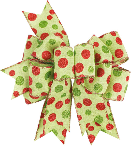 SIMISI Ribbon Christmas Bow - Rustic Green & Red Dots Burlap for Wreaths & Holiday Decor | 9.5 x 13 Inch