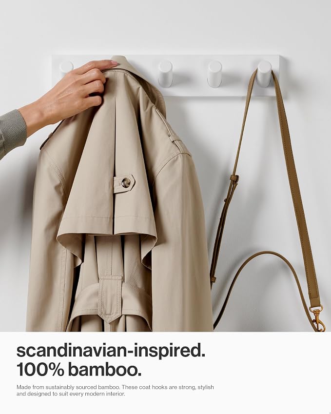 LARHN Wall Mounted Coat Rack, White with 5 Heavy-Duty 1" Diameter Hooks, 16.5" - Wall Hook Rack - Modern Scandinavian Home Decor