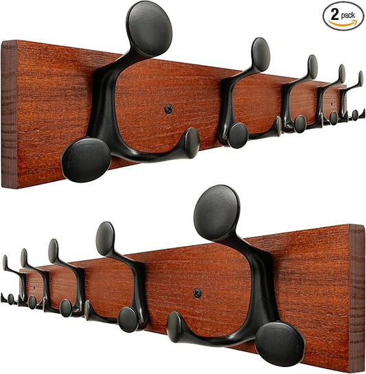 SKOLOO 24-Inch Cherry Wood Coat Rack Wall Mount with 5 Triple Hooks - Ideal for Family Entrances, Classrooms, and Pet Supplies Storage - Perfect Coat Hooks for Wall, Pack of 2