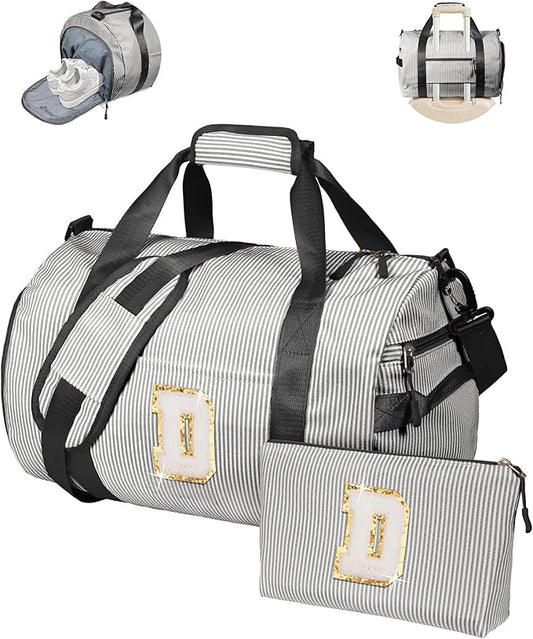 Cute Preppy Gift for Girls, Girl Gym Bag, Kids Monogram Overnight Duffel Bags with Shoe Compartment, Personalized Travel Bag with Makeup Pouch, Chenille Birthday Gifts for Teen (Letter D)