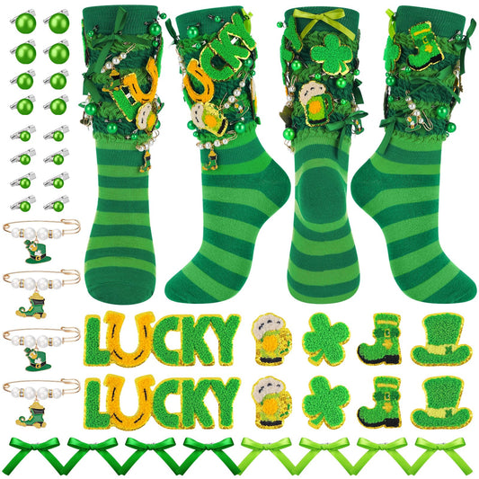 Chicingyou 40 Pcs St. Patrick's Sock and Charms Kit for Women Include 2 Pairs DIY Irish Socks 38 St. Patricks Charms Accessories Jewelry Decor Irish Chenille Patches Brooch Green Shamrock Patrick Gift