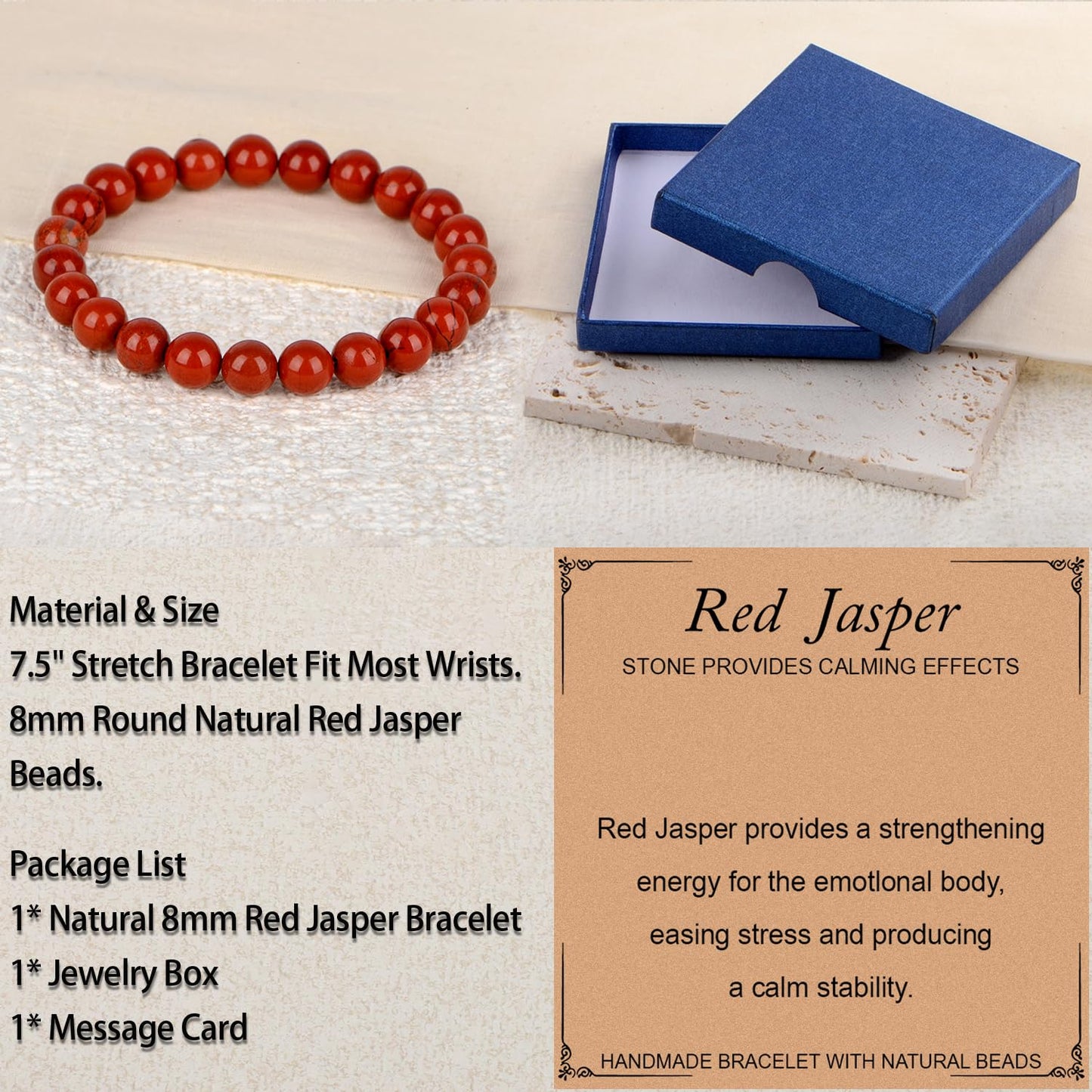 LPBeads Handmade Natural Gemstone Stretch Elastic 8mm Red Jasper Bracelet Healing Crystal Round Stone Beads Jewelry Gifts for Women Men