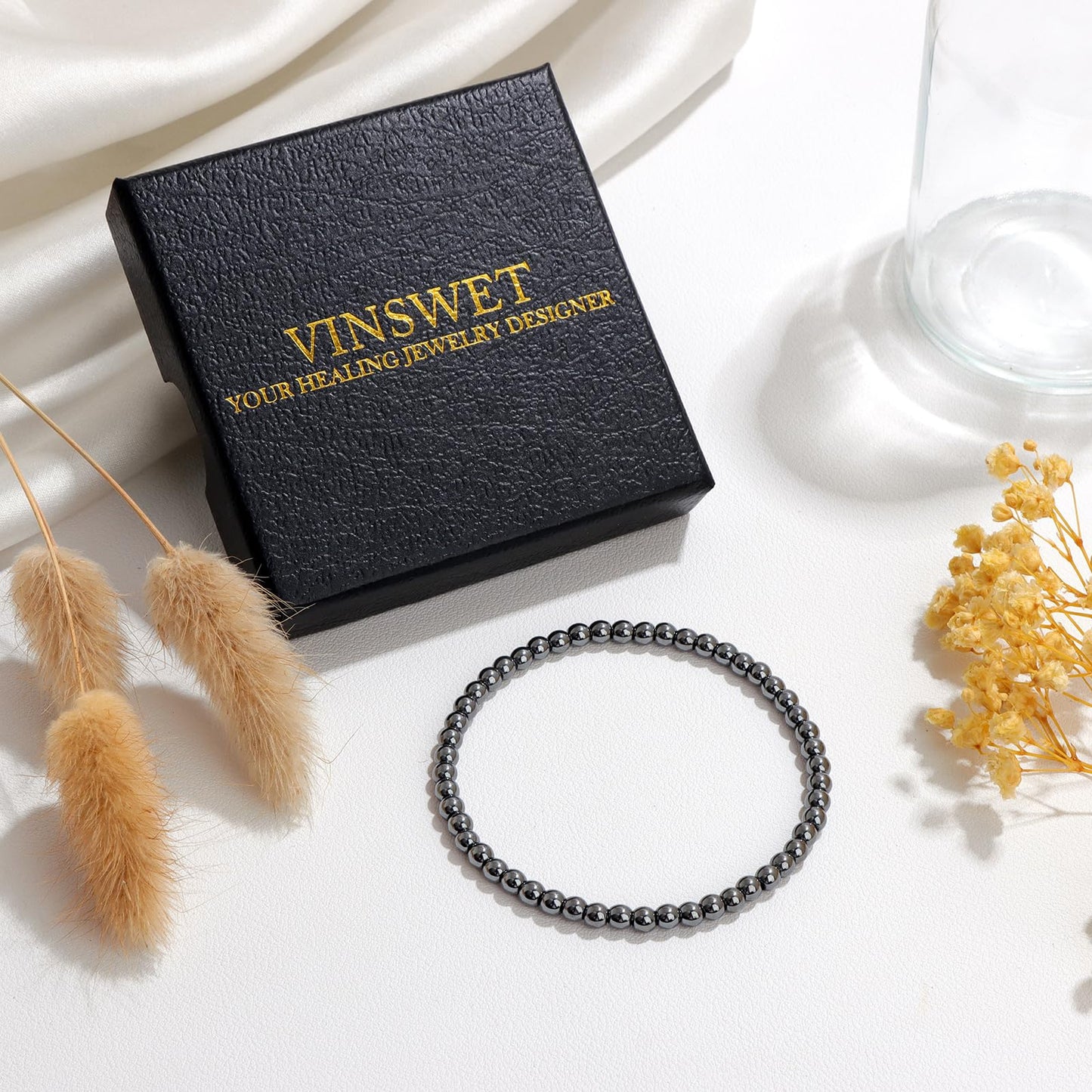 Vinswet Healing Crystal Bracelets for Women Men 4mm Hematite Natural Stone Beaded Stretch Bracelet Handmade Gemstone Reiki Spiritual Jewelry Gifts